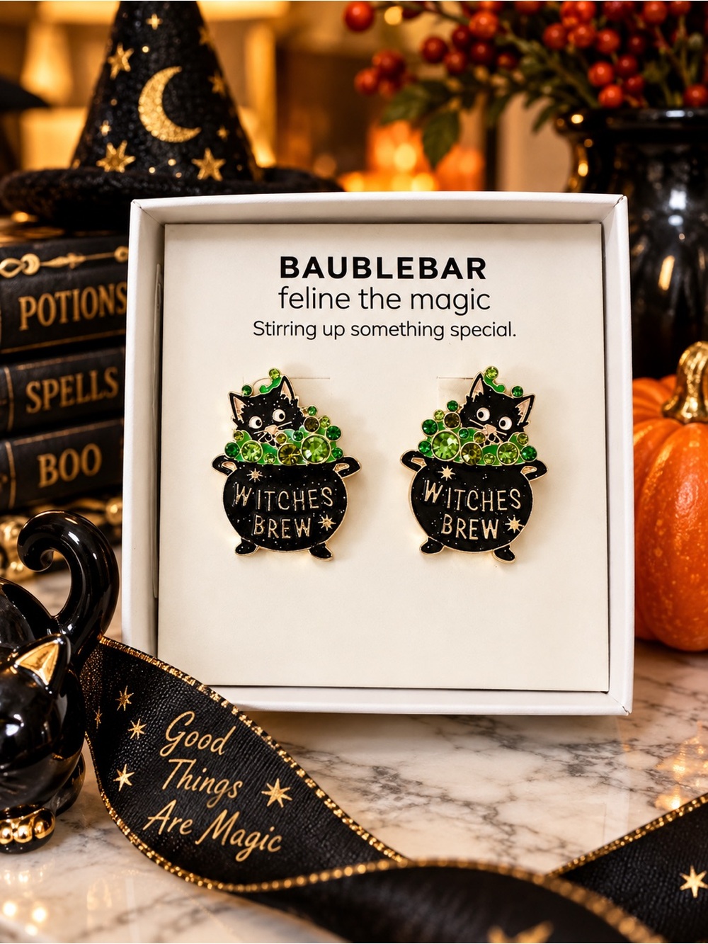 Baublebar Witches Brew Black Cat in Cauldron Halloween Earrings New in Gift Box